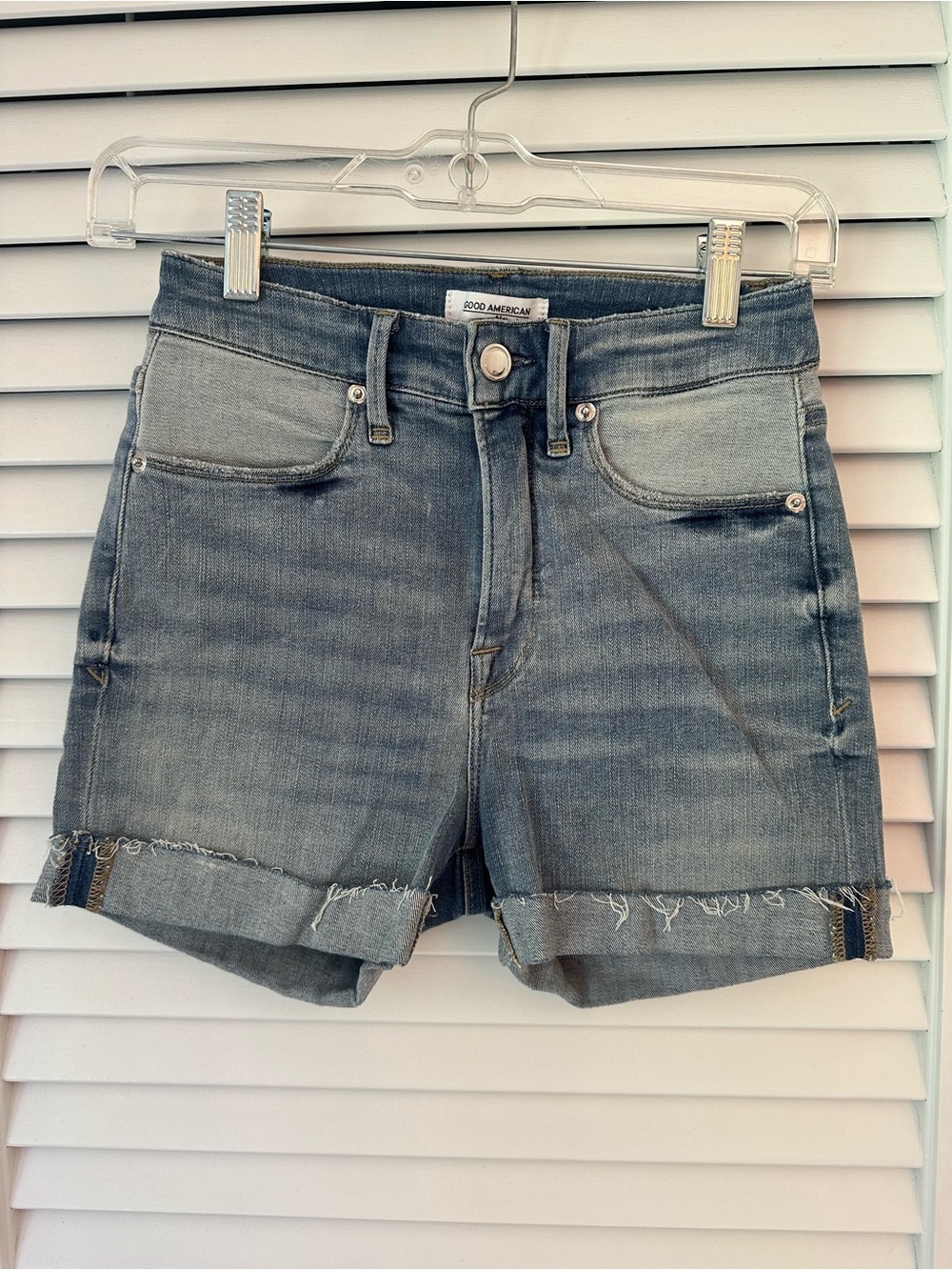 Good American Light Blue High-Rise Cuffed Denim Shorts